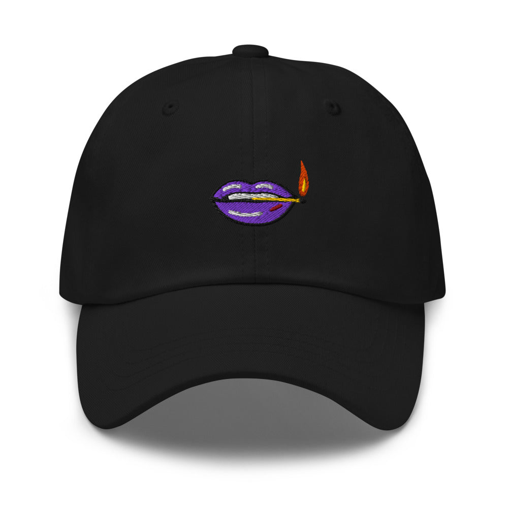Slop Cannon Play With Fire Dad Cap — Black / Purple — Front view of the exact configured supplier hat; digital embroidery preview, one hat only. Final stitching may vary after digitization.
