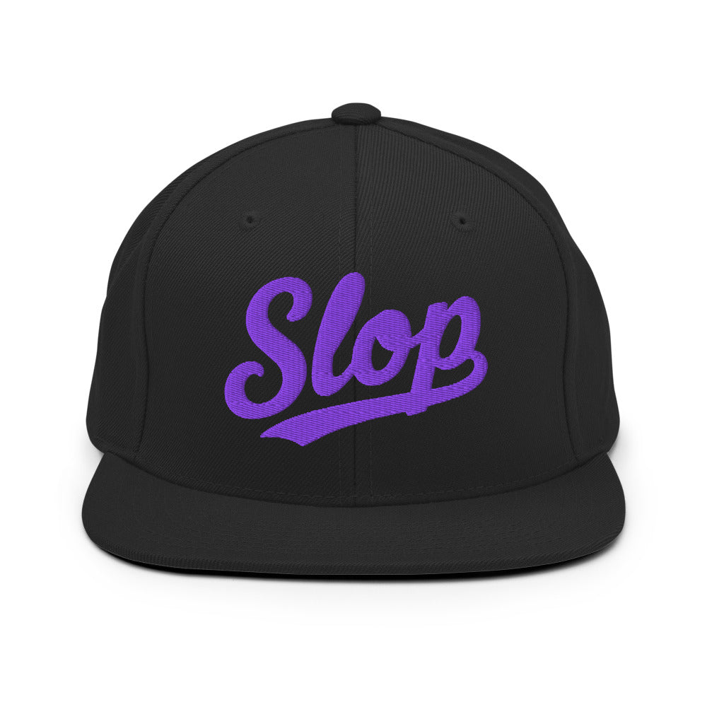 Slop Script Flat-Brim Snapback — Black / Purple — Front view of the exact configured supplier hat; digital embroidery preview, one hat only. Final stitching may vary after digitization.