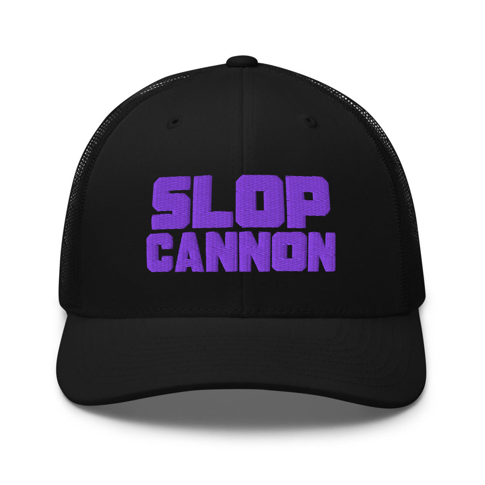 Slop Cannon Heavy Block Trucker Hat — Black / Black / Purple (Curved) — Front view of the exact configured supplier hat; digital embroidery preview, one hat only. Final stitching may vary after digitization.