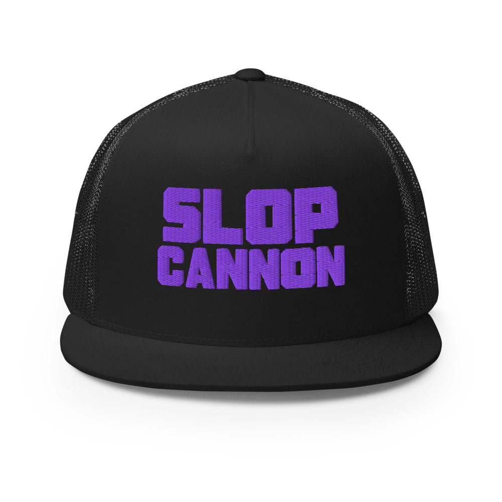 Slop Cannon Heavy Block Trucker Hat — Black / Black / Purple (Flat) — Front view of the exact configured supplier hat; digital embroidery preview, one hat only. Final stitching may vary after digitization.