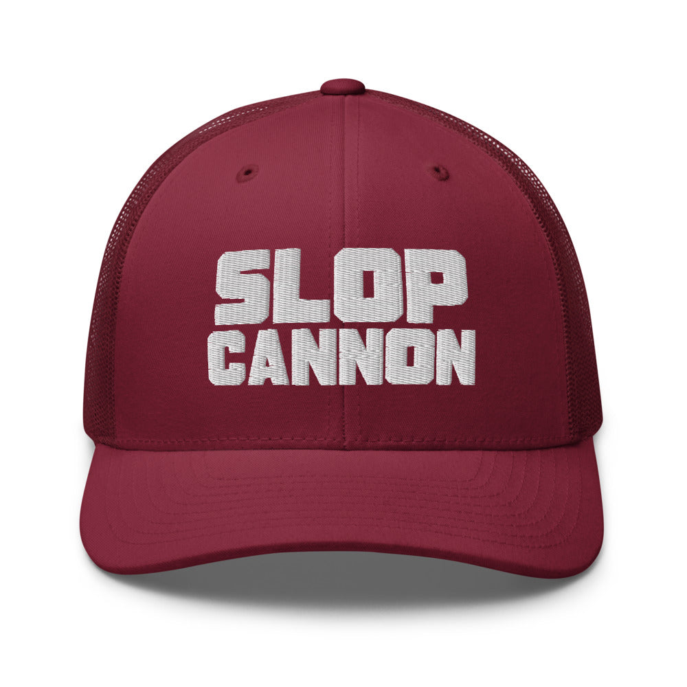Slop Cannon Heavy Block Trucker Hat — Cranberry / Cranberry / White — Front view of the exact configured supplier hat; digital embroidery preview, one hat only. Final stitching may vary after digitization.