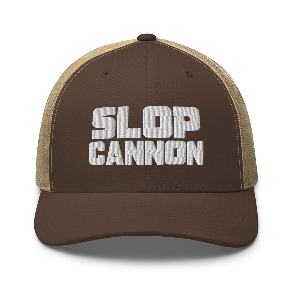 Slop Cannon Heavy Block Trucker Hat — Brown / Khaki / White — Front view of the exact configured supplier hat; digital embroidery preview, one hat only. Final stitching may vary after digitization.