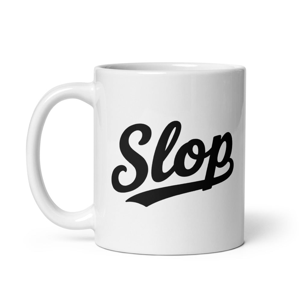 Slop Script Mug — White / Black / 11 oz — 11 oz; handle on left; opposite printed side. White glossy ceramic, white interior and handle. Supplier digital mockup; one selected mug only.