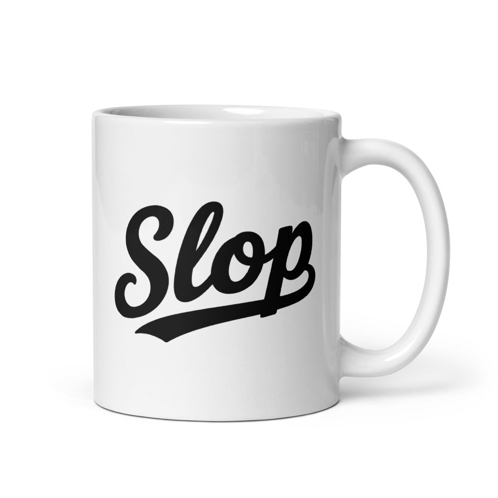 Slop Script Mug — White / Black / 11 oz — 11 oz; handle on right; first printed side. White glossy ceramic, white interior and handle. Supplier digital mockup; one selected mug only.