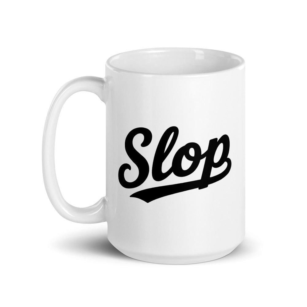 Slop Script Mug — White / Black / 15 oz — 15 oz; handle on left; opposite printed side. White glossy ceramic, white interior and handle. Supplier digital mockup; one selected mug only.
