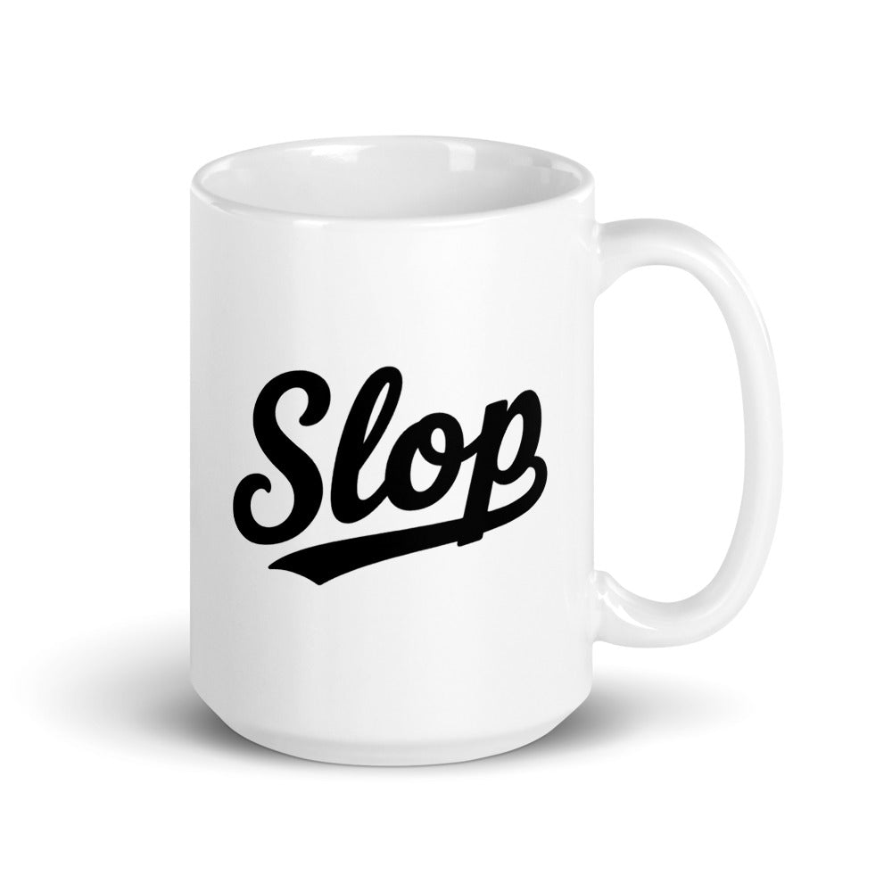 Slop Script Mug — White / Black / 15 oz — 15 oz; handle on right; first printed side. White glossy ceramic, white interior and handle. Supplier digital mockup; one selected mug only.