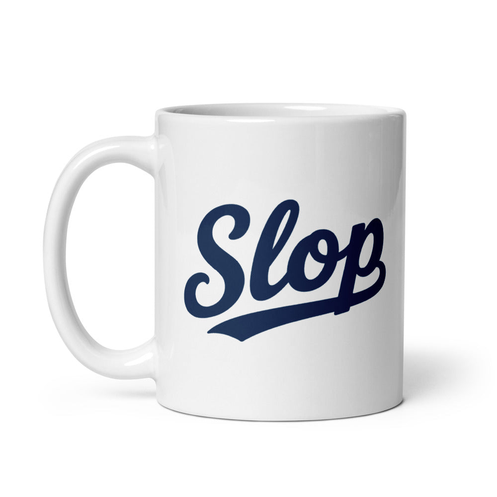 Slop Script Mug — White / Navy / 11 oz — 11 oz; handle on left; opposite printed side. White glossy ceramic, white interior and handle. Supplier digital mockup; one selected mug only.
