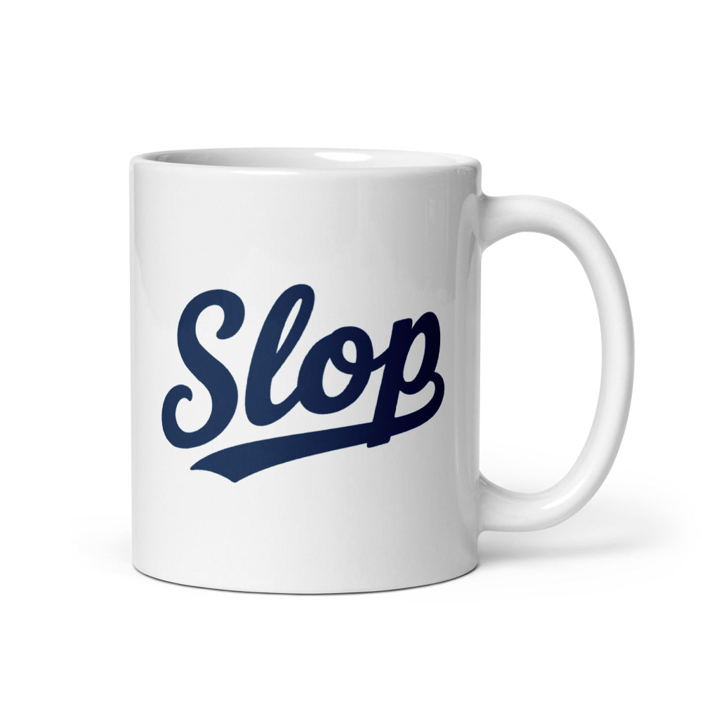 Slop Script Mug — White / Navy / 11 oz — 11 oz; handle on right; first printed side. White glossy ceramic, white interior and handle. Supplier digital mockup; one selected mug only.
