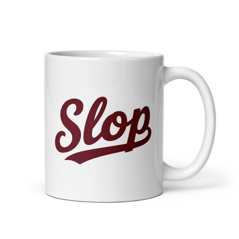 Slop Script Mug — White / Burgundy / 11 oz — 11 oz; handle on right; first printed side. White glossy ceramic, white interior and handle. Supplier digital mockup; one selected mug only.