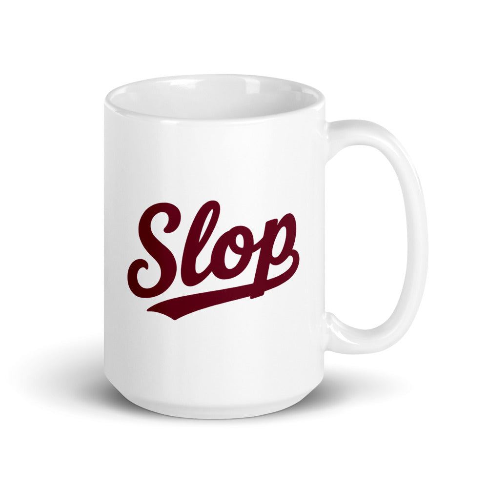 Slop Script Mug — White / Burgundy / 15 oz — 15 oz; handle on right; first printed side. White glossy ceramic, white interior and handle. Supplier digital mockup; one selected mug only.