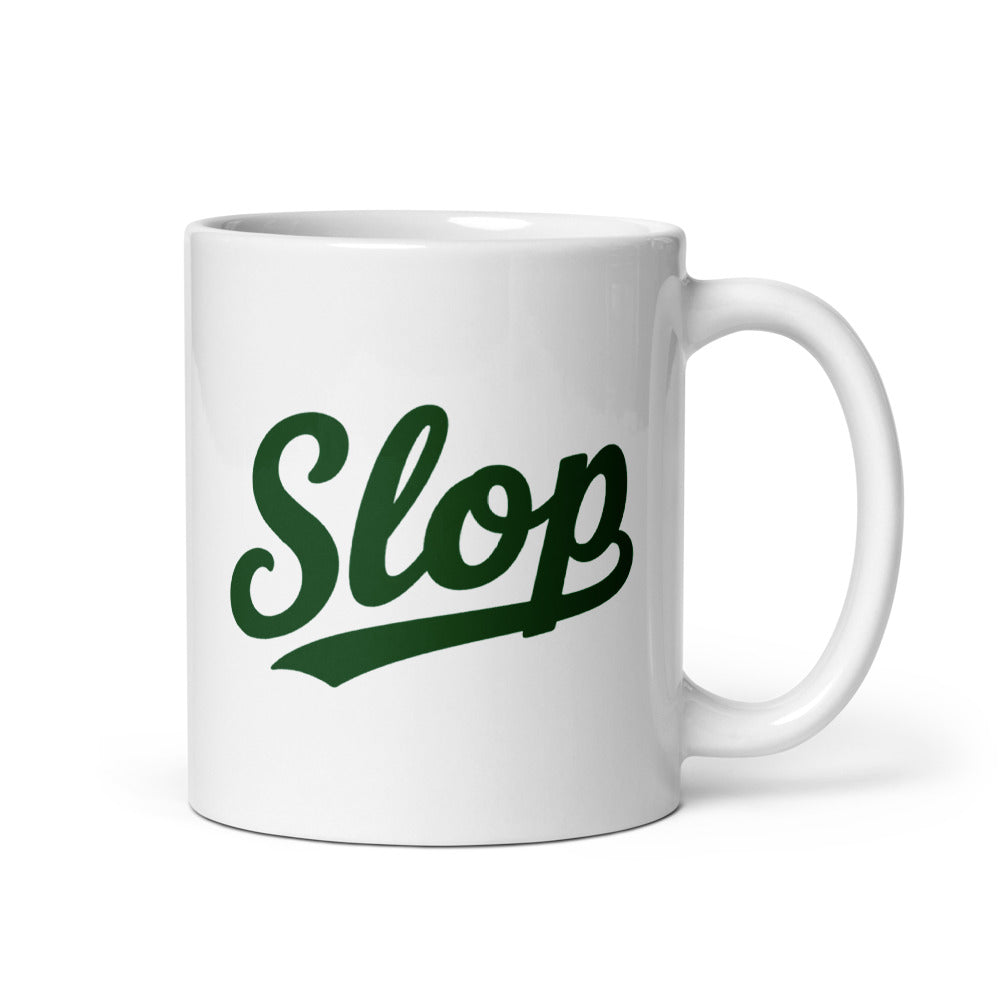 Slop Script Mug — White / Forest Green / 11 oz — 11 oz; handle on right; first printed side. White glossy ceramic, white interior and handle. Supplier digital mockup; one selected mug only.