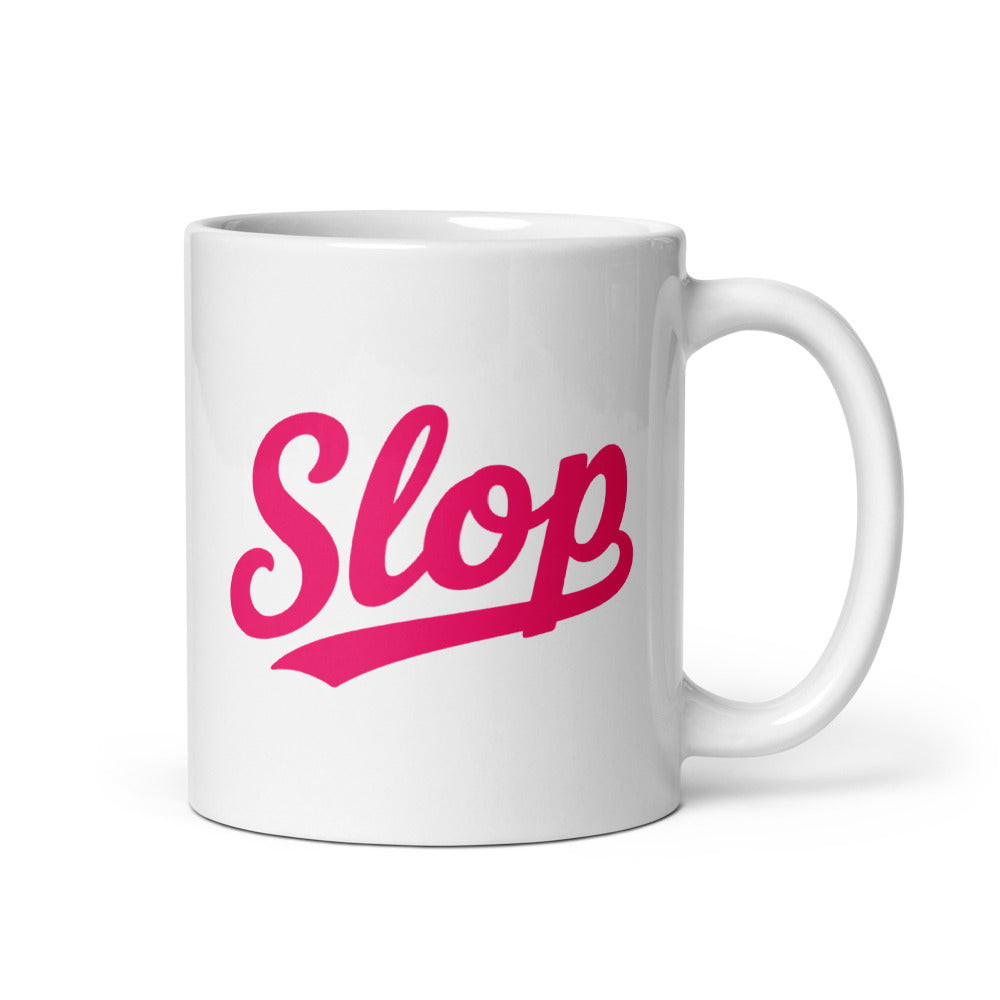 Slop Script Mug — White / Hot Pink / 11 oz — 11 oz; handle on right; first printed side. White glossy ceramic, white interior and handle. Supplier digital mockup; one selected mug only.