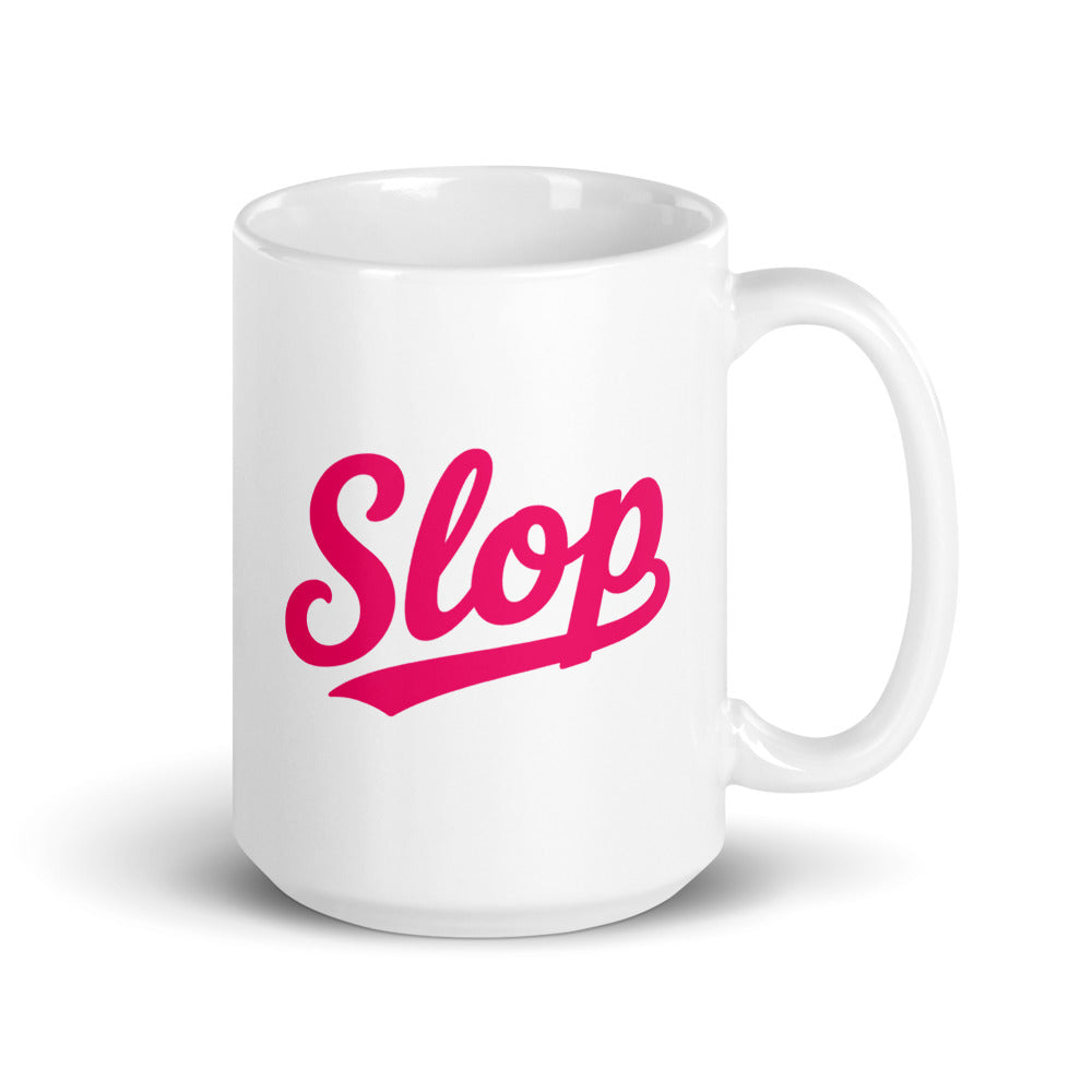 Slop Script Mug — White / Hot Pink / 15 oz — 15 oz; handle on right; first printed side. White glossy ceramic, white interior and handle. Supplier digital mockup; one selected mug only.