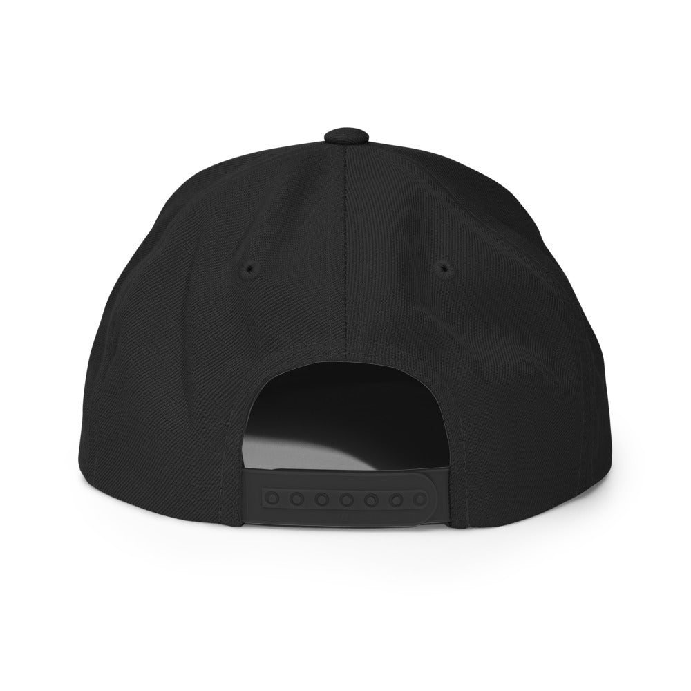 Slop Script Flat-Brim Snapback — Black / White — back; Yupoong 6089M supplier digital embroidery mockup, digitization pending.