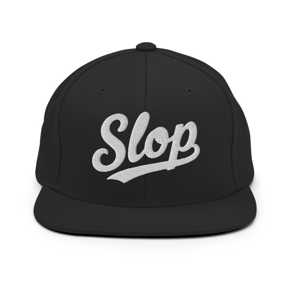 Slop Script Flat-Brim Snapback — Black / White — front; exact Yupoong 6089M supplier digital embroidery mockup with approved simplified lettering. One hat only. Final stitching may vary slightly after digitization.