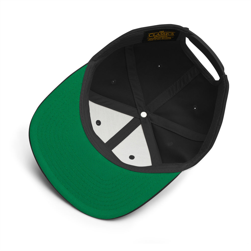 Slop Script Flat-Brim Snapback — Black / White — inside and green undervisor construction view; exact Yupoong 6089M supplier digital mockup. One cap only; other clothing is styling and is not included.
