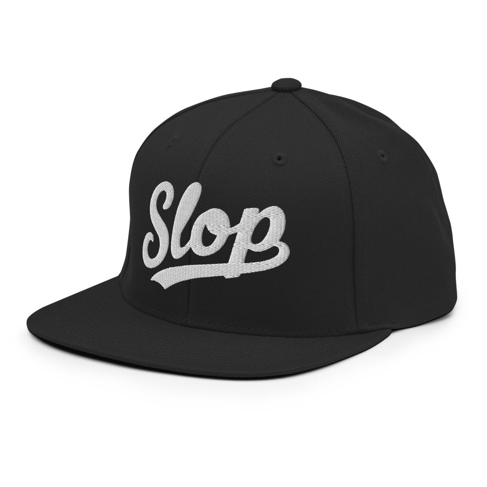 Slop Script Flat-Brim Snapback — Black / White — left-front; exact Yupoong 6089M supplier digital embroidery mockup with approved simplified lettering. One hat only. Final stitching may vary slightly after digitization.