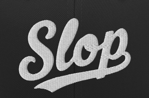 Slop Script Flat-Brim Snapback — Black / White — embroidery artwork detail cropped at original pixel size from the exact supplier digital mockup. Stitch texture is a simulation, not a manufactured sample; final stitching may vary after digitization. One cap only.