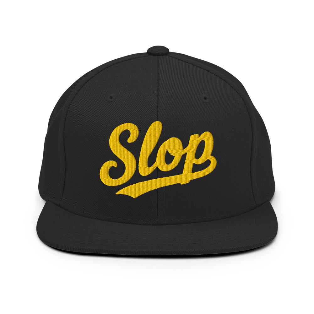 Slop Script Flat-Brim Snapback — Black / Gold — front; exact Yupoong 6089M supplier digital embroidery mockup with approved simplified lettering. One hat only. Final stitching may vary slightly after digitization.