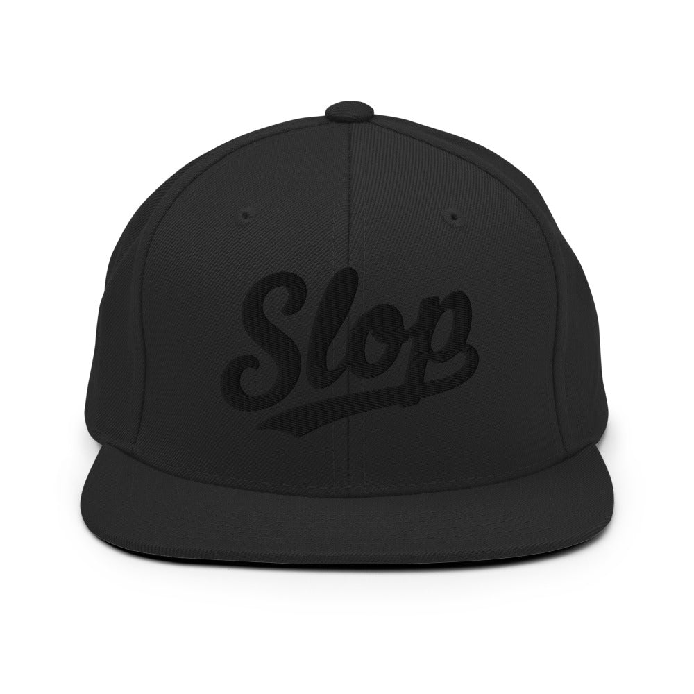 Slop Script Flat-Brim Snapback — Black / Black — front; exact Yupoong 6089M supplier digital embroidery mockup with approved simplified lettering. One hat only. Final stitching may vary slightly after digitization.