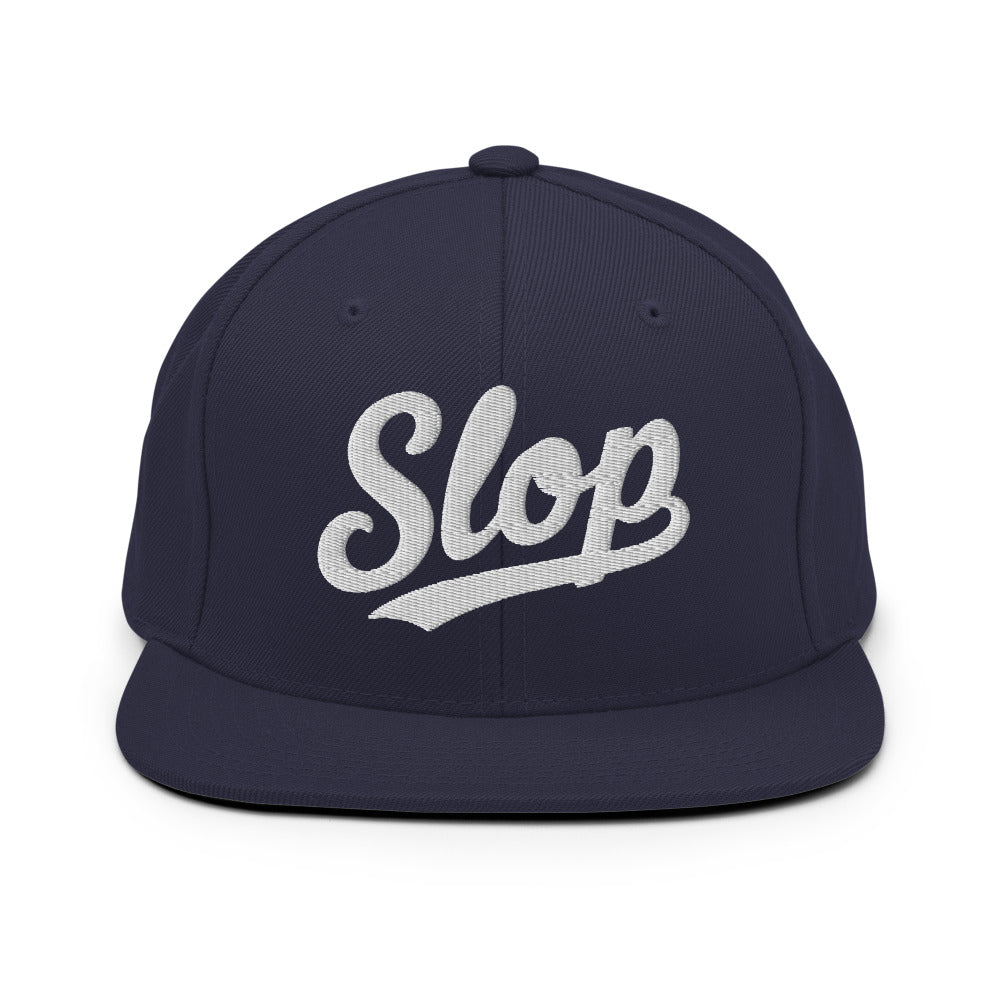 Slop Script Flat-Brim Snapback — Navy / White — front; exact Yupoong 6089M supplier digital embroidery mockup with approved simplified lettering. One hat only. Final stitching may vary slightly after digitization.