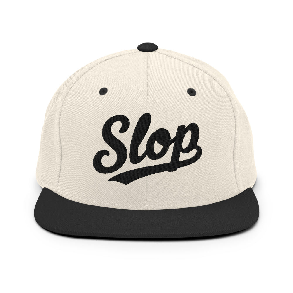 Slop Script Flat-Brim Snapback — Natural/Black / Black — front; exact Yupoong 6089M supplier digital embroidery mockup with approved simplified lettering. One hat only. Final stitching may vary slightly after digitization.
