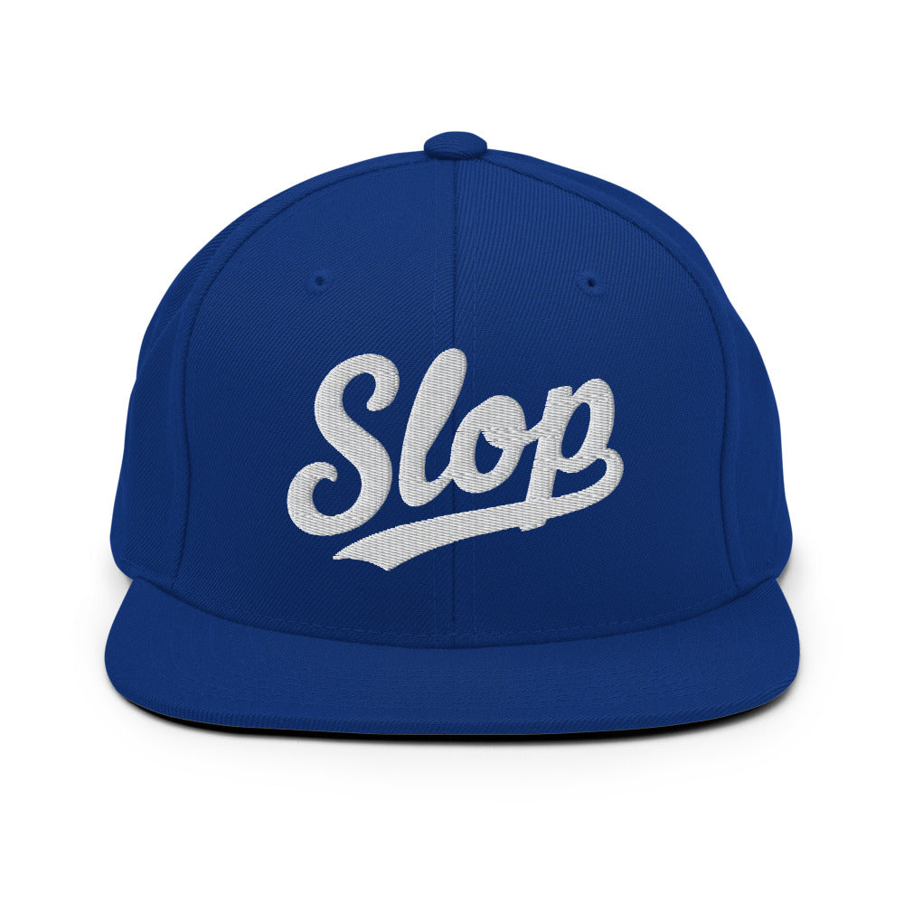Slop Script Flat-Brim Snapback — Royal Blue / White — front; exact Yupoong 6089M supplier digital embroidery mockup with approved simplified lettering. One hat only. Final stitching may vary slightly after digitization.