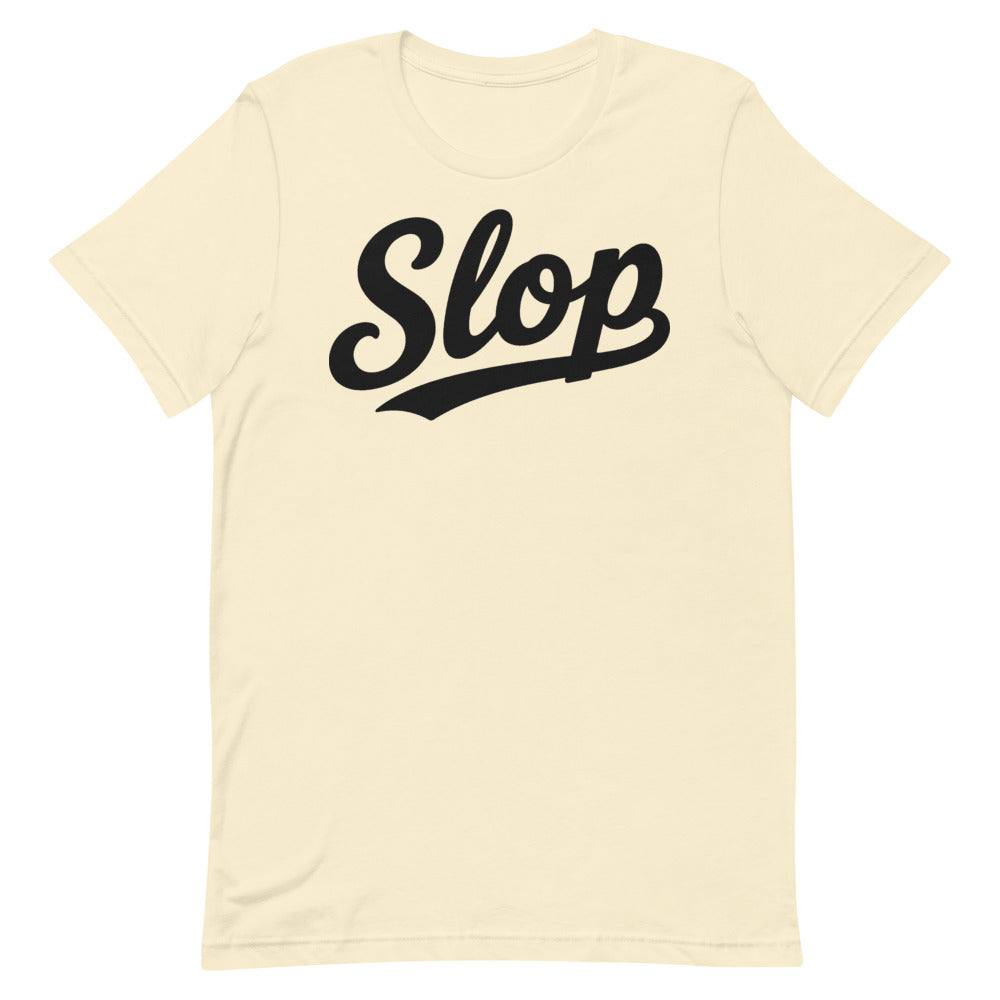 Slop Script Tee — Natural / Black — Clean front. Exact Bella + Canvas 3001 supplier digital mockup. One tee only; styling bottoms not included.