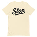 Slop Script Tee — Natural / Black — Clean front. Exact Bella + Canvas 3001 supplier digital mockup. One tee only; styling bottoms not included.