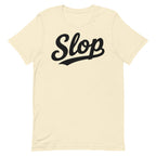 Slop Script Tee — Natural / Black — Clean front. Exact Bella + Canvas 3001 supplier digital mockup. One tee only; styling bottoms not included.