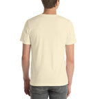 Slop Script Tee — Natural / Black — Model blank back. Exact Bella + Canvas 3001 supplier digital mockup. One tee only; styling bottoms not included.