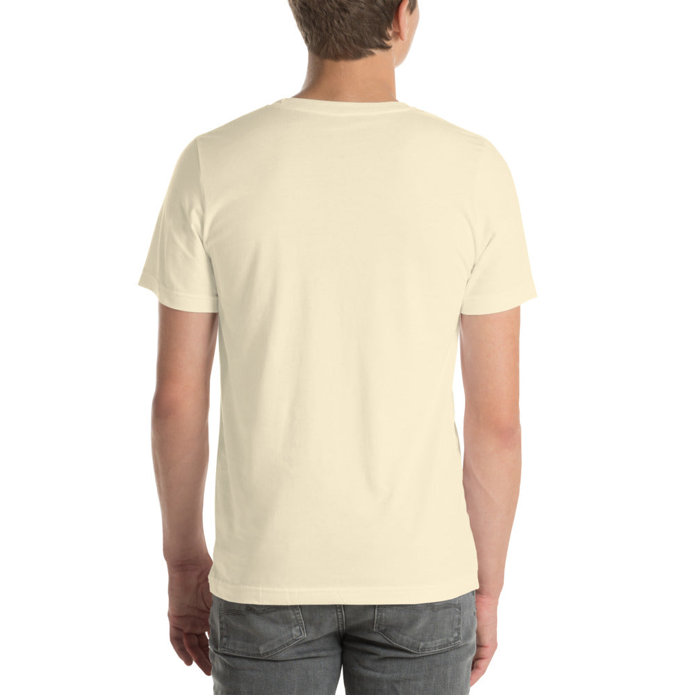 Slop Script Tee — Natural / Black — Model blank back. Exact Bella + Canvas 3001 supplier digital mockup. One tee only; styling bottoms not included.