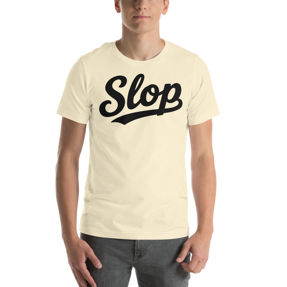 Slop Script Tee — Natural / Black — Model front. Exact Bella + Canvas 3001 supplier digital mockup. One tee only; styling bottoms not included.