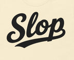 Slop Script Tee — Natural / Black — Front print detail cropped from the exact supplier digital mockup. Illustrates placement; actual print colors may vary slightly.