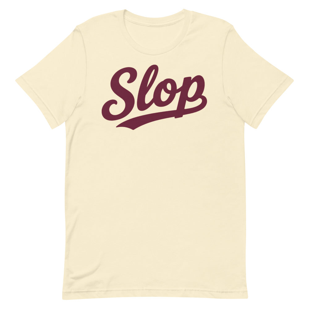 Slop Script Tee — Natural / Burgundy — Clean front. Exact Bella + Canvas 3001 supplier digital mockup. One tee only; styling bottoms not included.