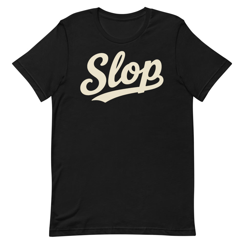Slop Script Tee — Black / Cream — Clean front. Exact Bella + Canvas 3001 supplier digital mockup. One tee only; styling bottoms not included.