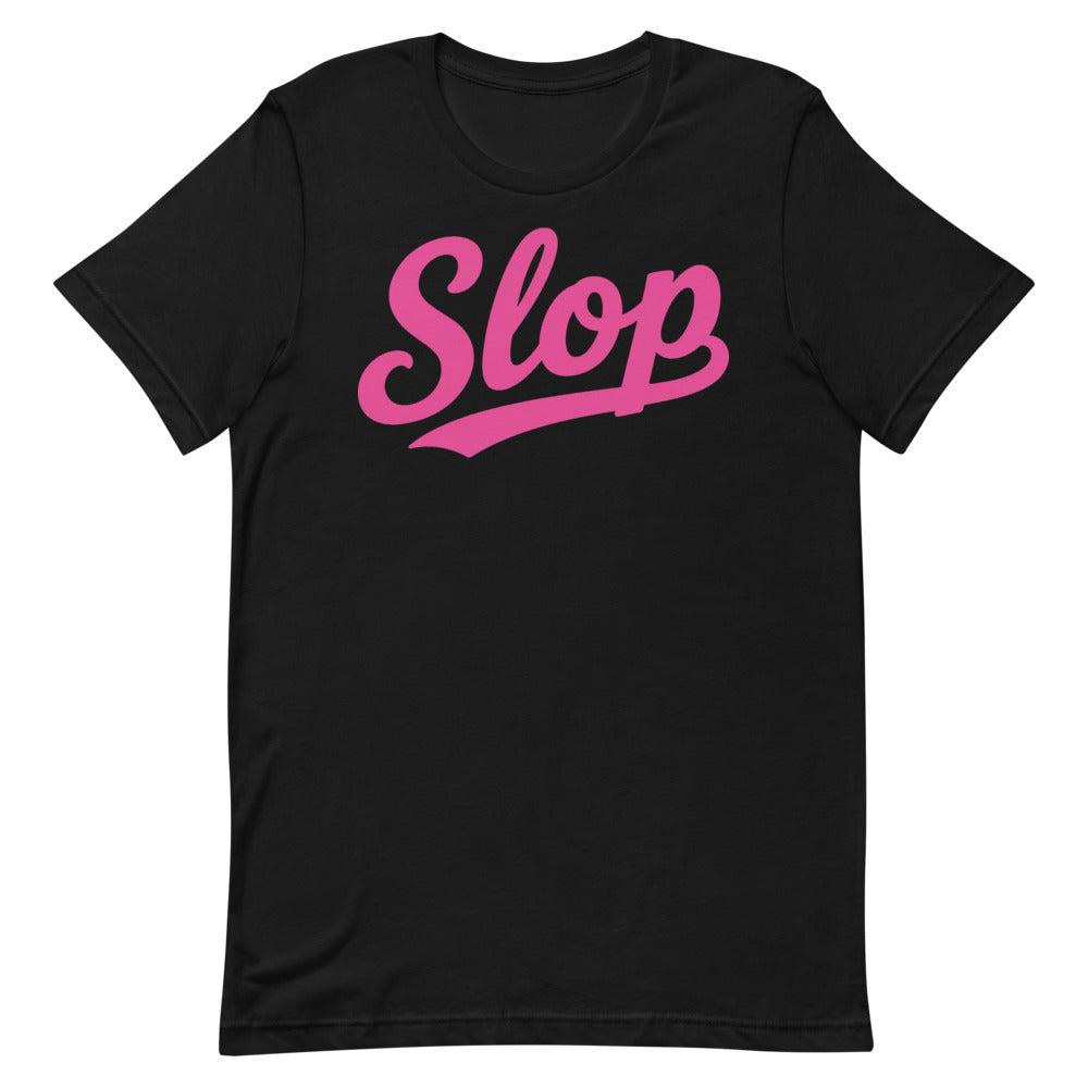 Slop Script Tee — Black / Hot Pink — Clean front. Exact Bella + Canvas 3001 supplier digital mockup. One tee only; styling bottoms not included.