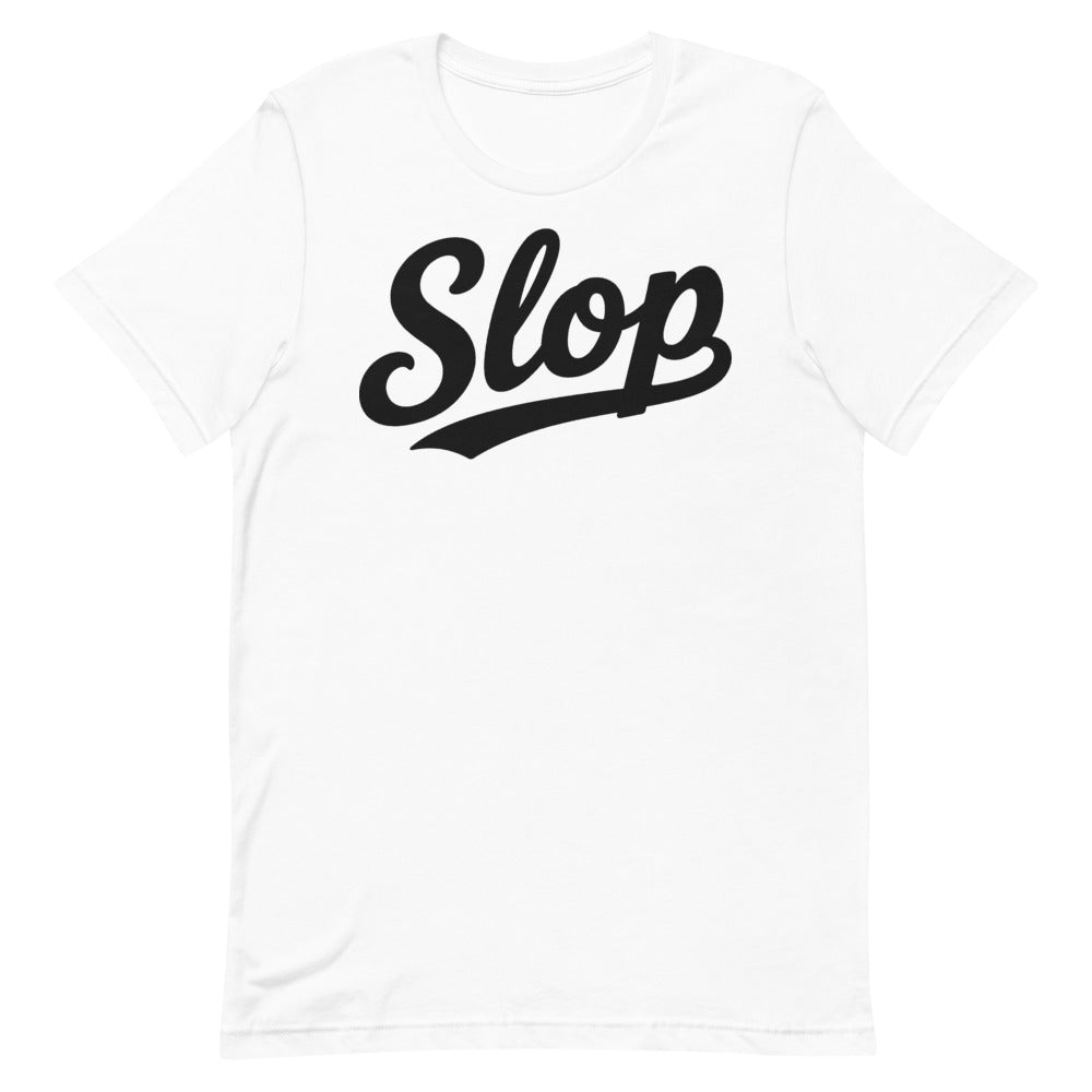 Slop Script Tee — White / Black — Clean front. Exact Bella + Canvas 3001 supplier digital mockup. One tee only; styling bottoms not included.
