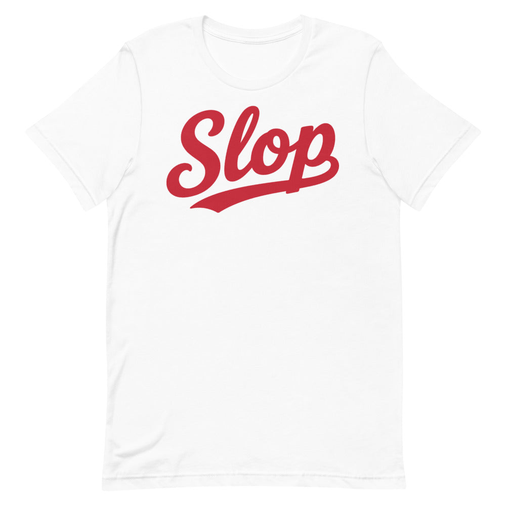Slop Script Tee — White / Red — Clean front. Exact Bella + Canvas 3001 supplier digital mockup. One tee only; styling bottoms not included.