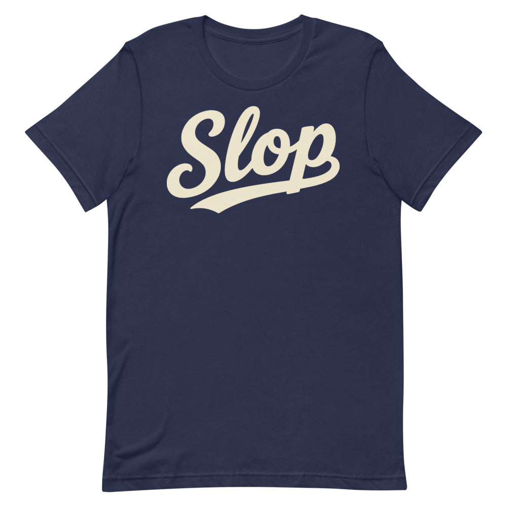Slop Script Tee — Navy / Cream — Clean front. Exact Bella + Canvas 3001 supplier digital mockup. One tee only; styling bottoms not included.