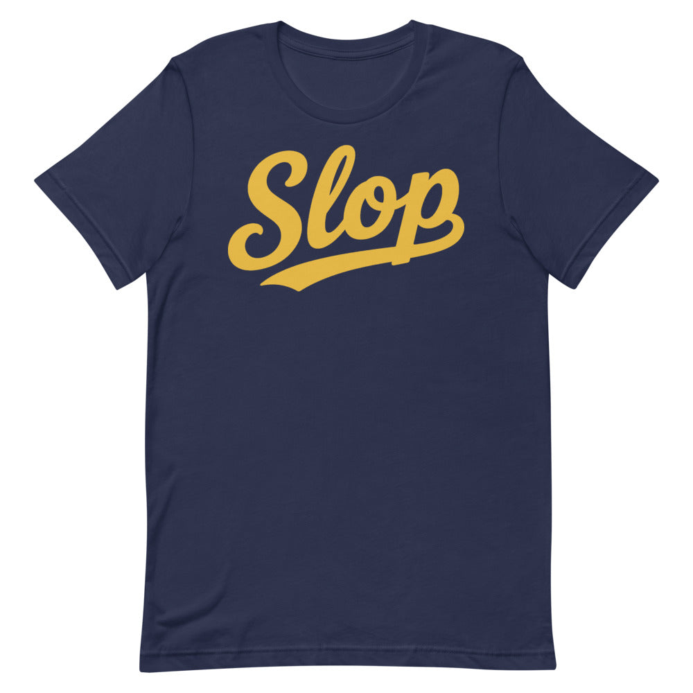 Slop Script Tee — Navy / Gold — Clean front. Exact Bella + Canvas 3001 supplier digital mockup. One tee only; styling bottoms not included.