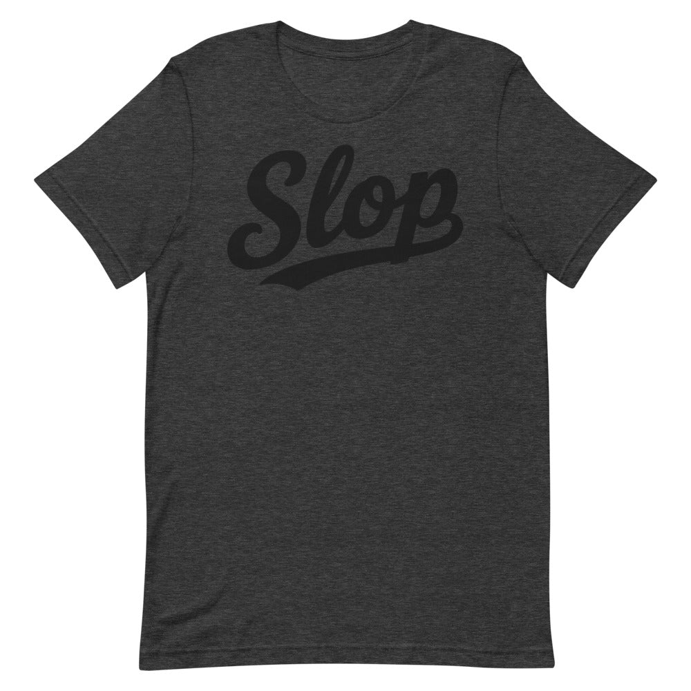 Slop Script Tee — Dark Grey Heather / Black — Clean front. Exact Bella + Canvas 3001 supplier digital mockup. One tee only; styling bottoms not included.
