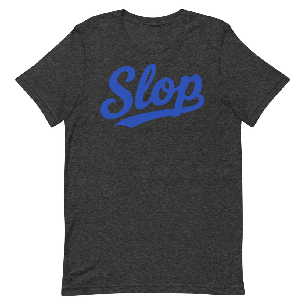 Slop Script Tee — Dark Grey Heather / Royal Blue — Clean front. Exact Bella + Canvas 3001 supplier digital mockup. One tee only; styling bottoms not included.