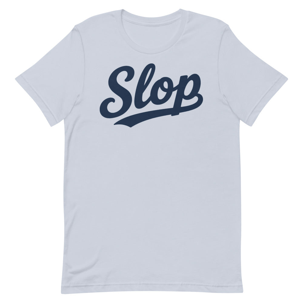 Slop Script Tee — Light Blue / Navy — Clean front. Exact Bella + Canvas 3001 supplier digital mockup. One tee only; styling bottoms not included.