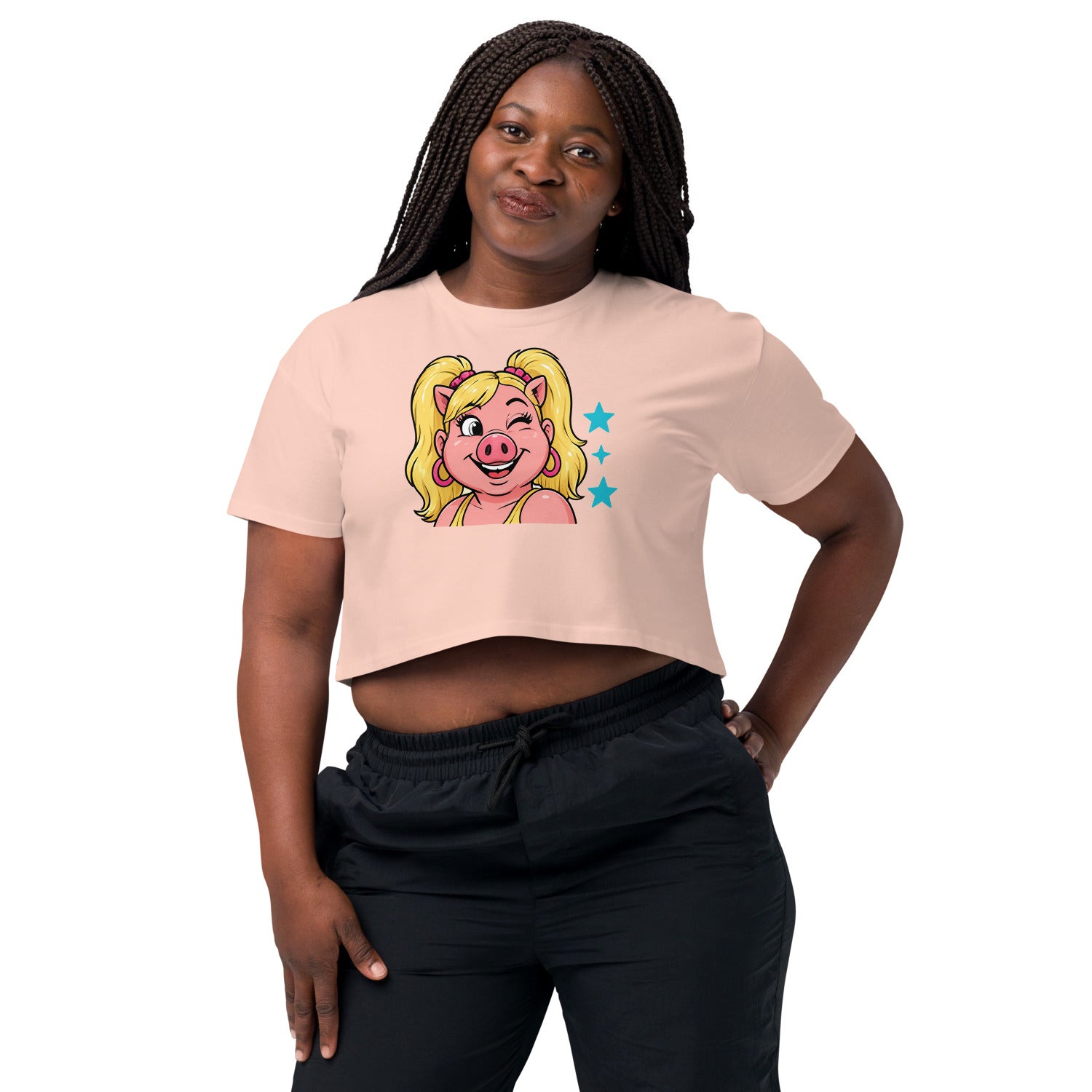 Wigette Wink Cropped Tee in Pale Pink - women model front