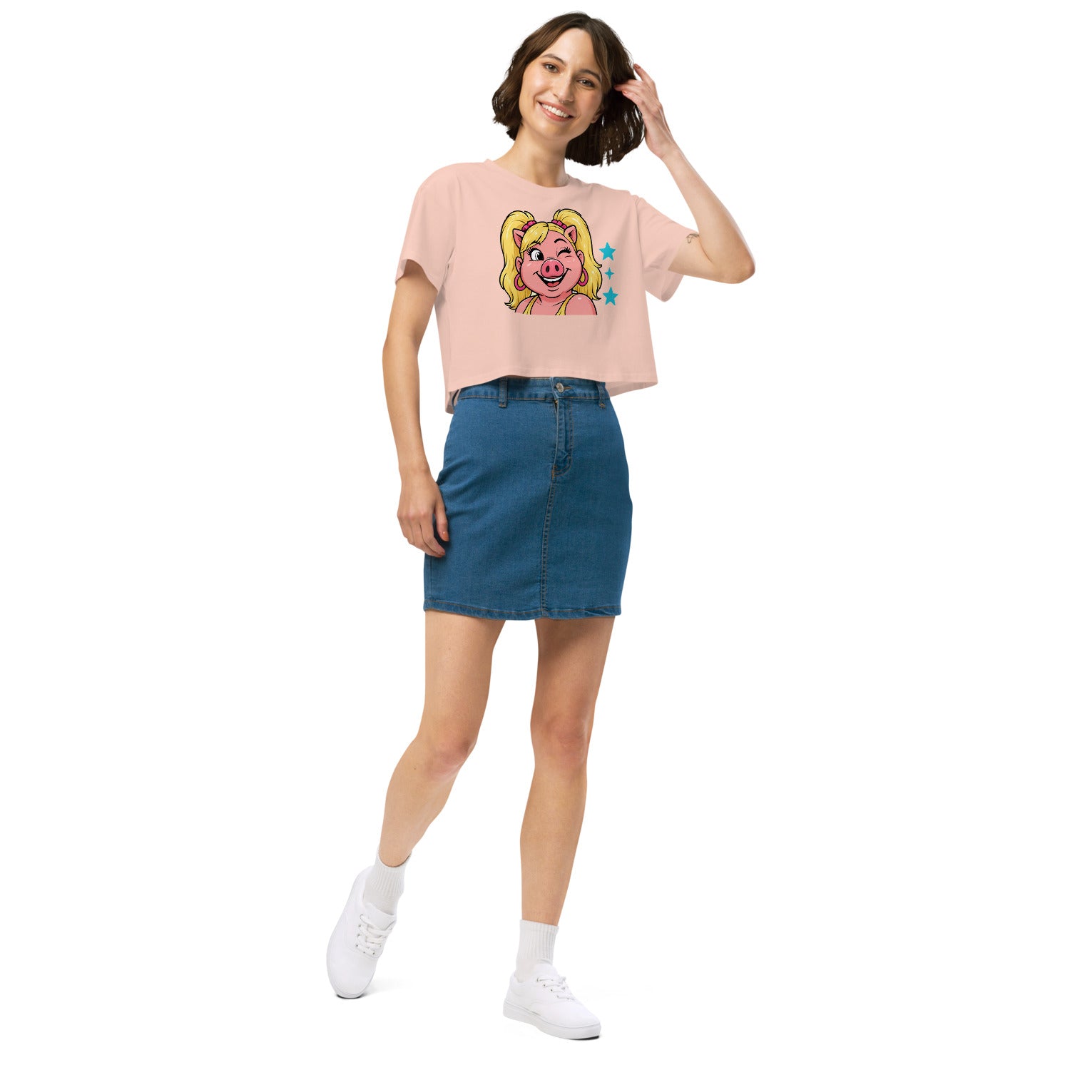 Wigette Wink Cropped Tee in Pale Pink - second women model right front