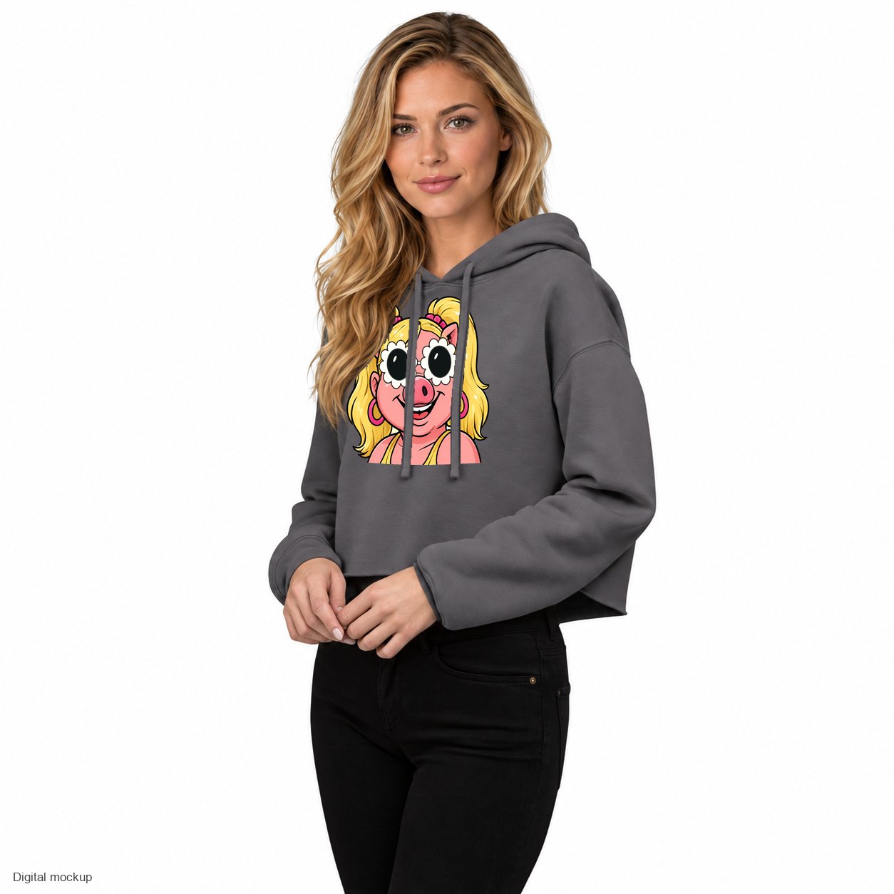 Digital mockup of Wigette Daisy Shades Cropped Hoodie - Storm on an adult model.