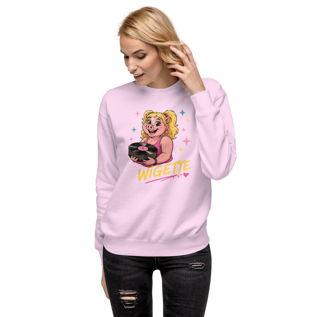Wigette Vinyl Club Sweatshirt in Lavender - women model front