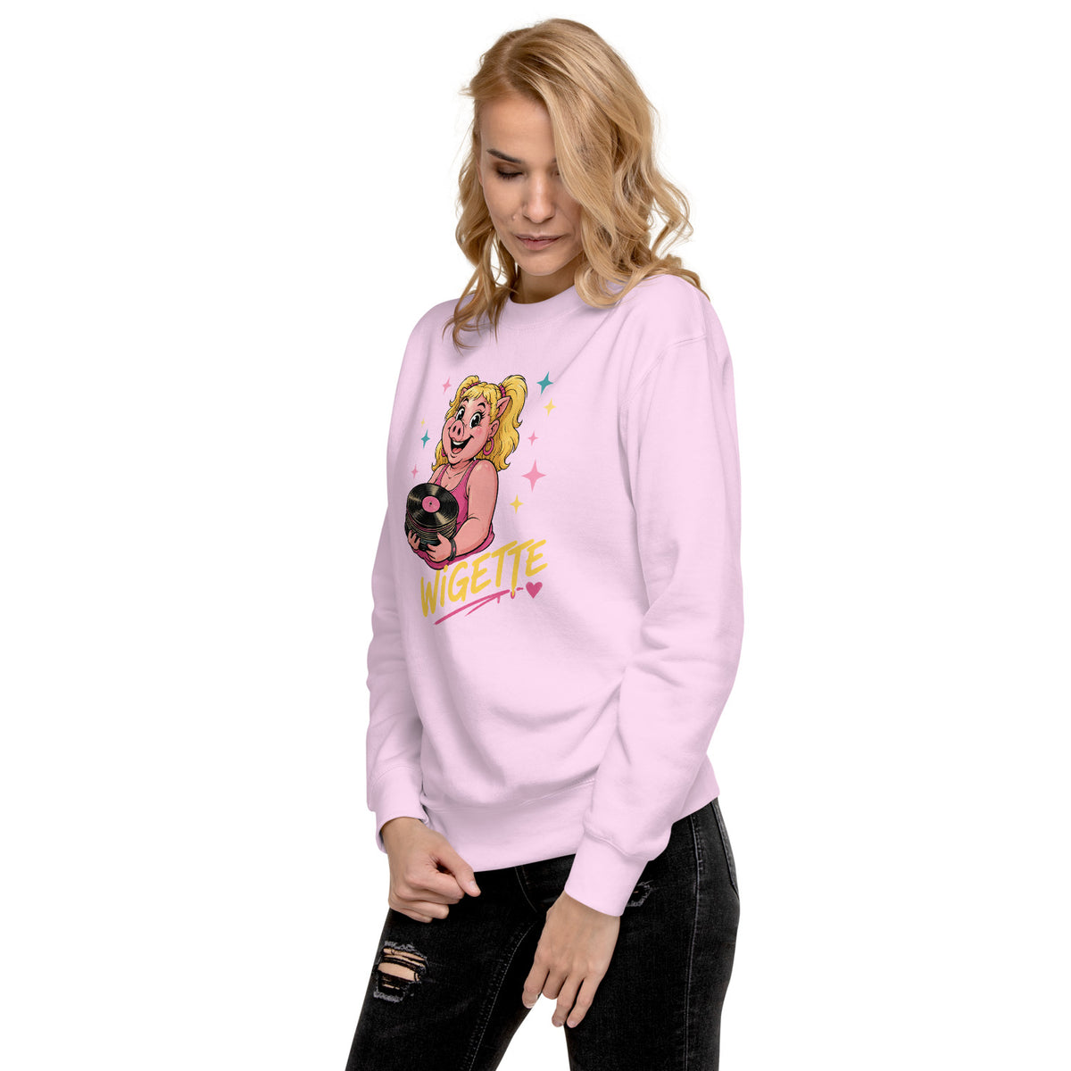 Wigette Vinyl Club Sweatshirt in Lavender - women model left front