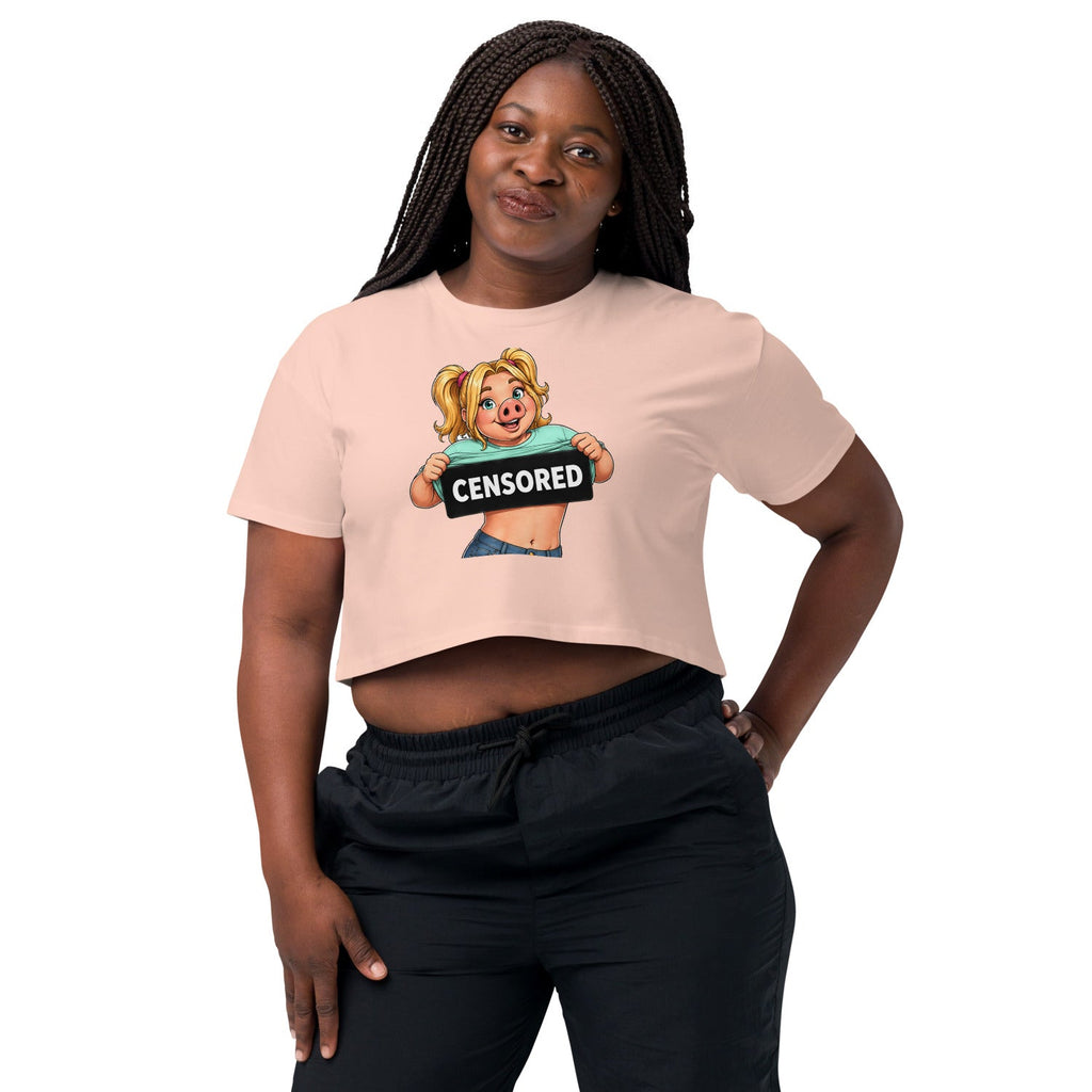 Wigette Censored Cropped Tee — Pale Pink — adult woman wearing the actual crop tee front view; exact Printful digital mockup, tee only.